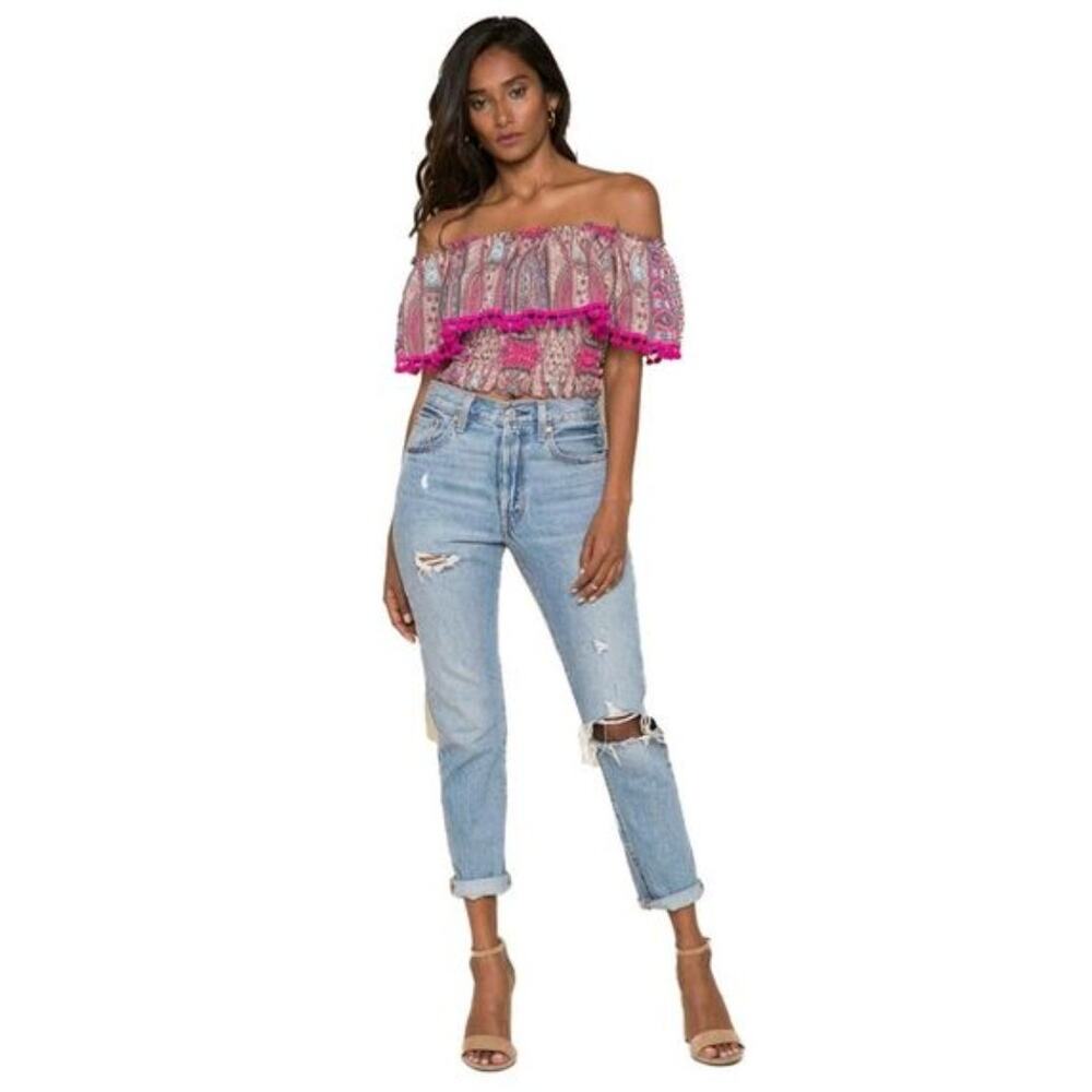 RAGA Liliana Pink Smocked Off The Shoulder Pom Pom Top Women's Size XS Boho Chic